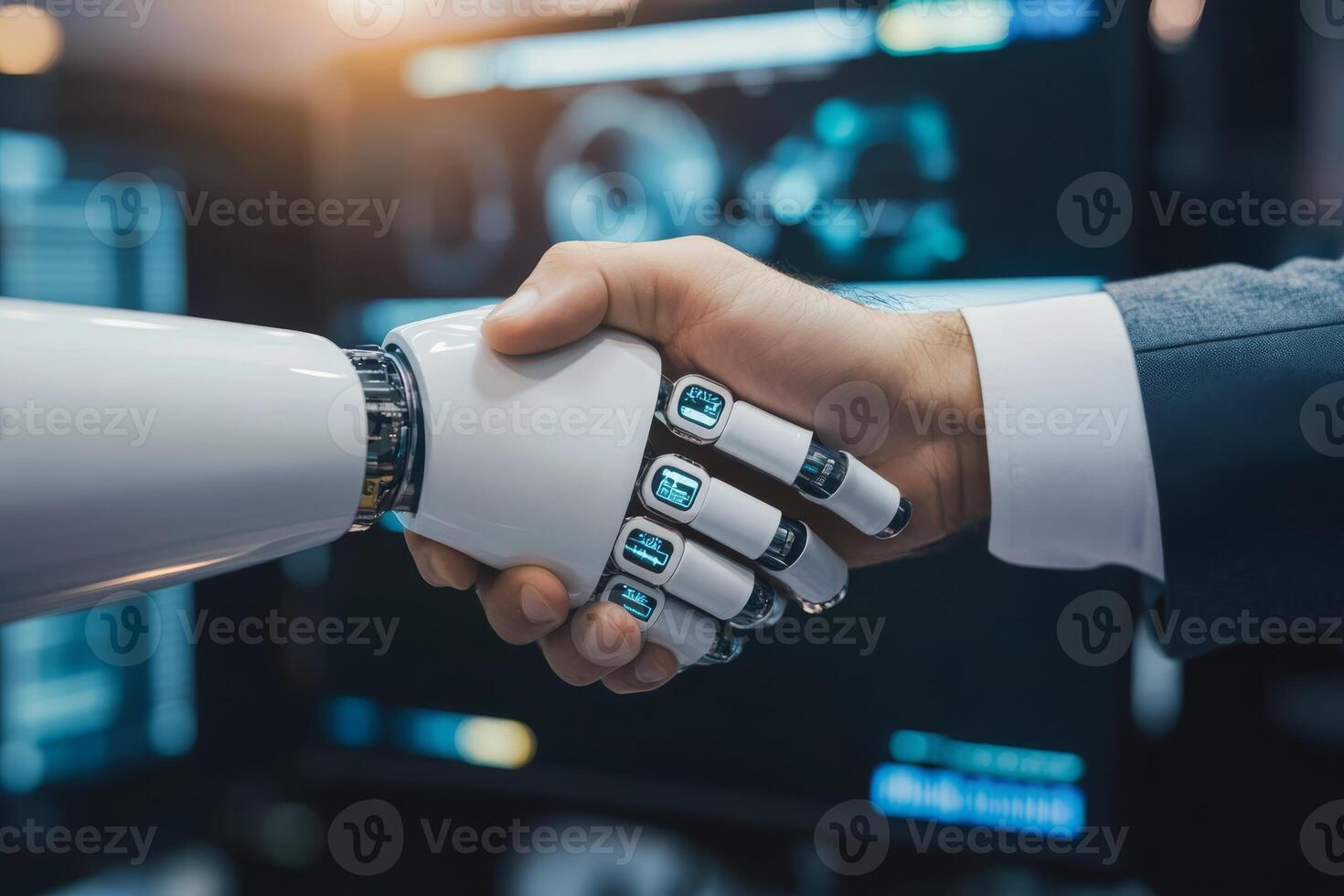 The synergy between AI and human abilities is like a handshake, symbolizing trust and collaboration vital for success in business and technology, fostering partnerships and innovations photo