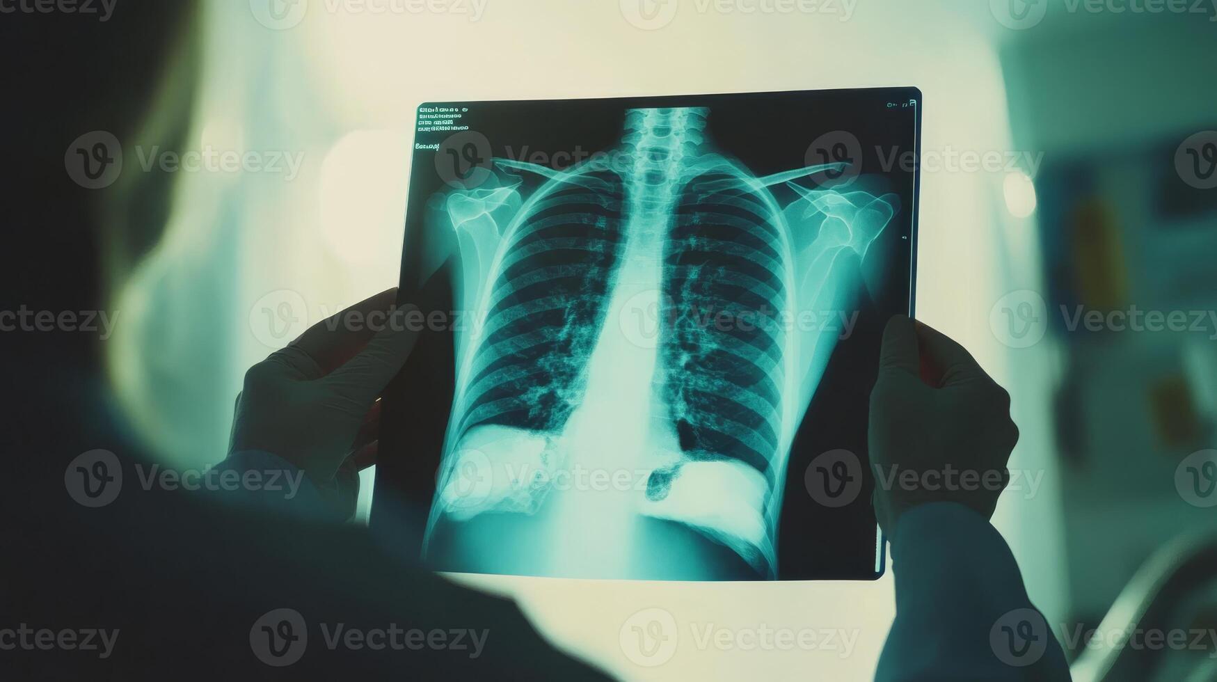 In a clinical setting, a dedicated healthcare professional meticulously examines a chest Xray, concentrating specifically on lung health and the essential aspects of diagnostic imaging photo