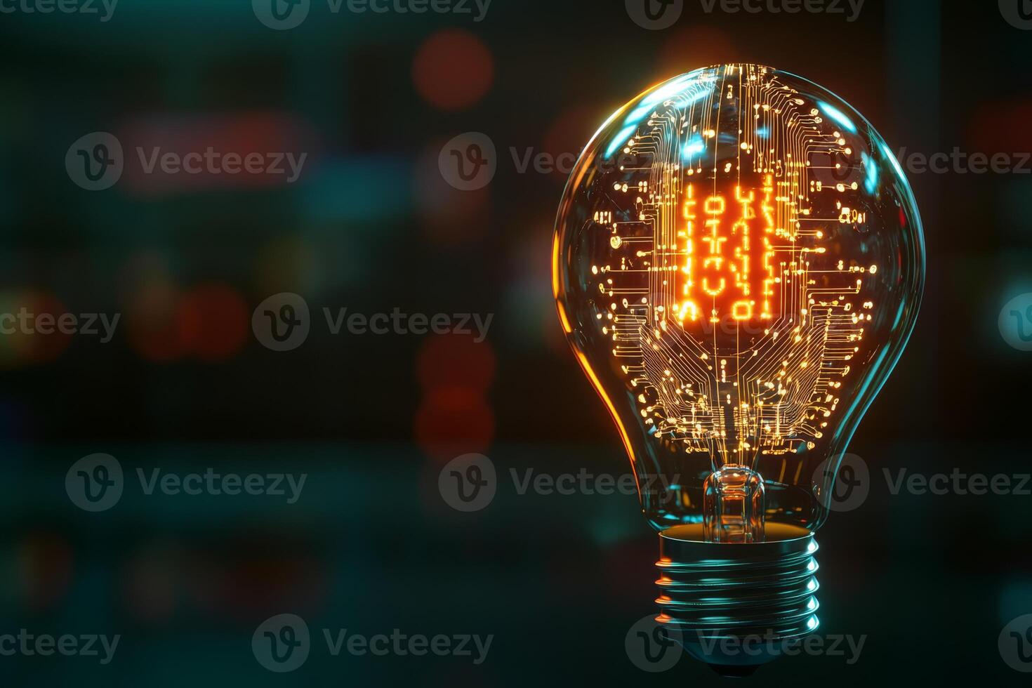 A captivating and visually striking light bulb, adorned with intricate glowing microcircuits, beautifully set against a dark backdrop, evoking a powerful sense of innovation and advanced technology photo