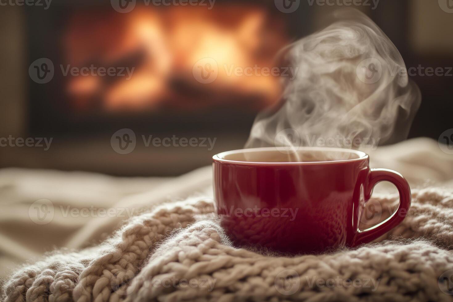 A warm cup of rich cocoa, accompanied by a cozy blanket, nestled beside a crackling fireplace, perfectly captures the essence of comfort and relaxation during those chilly winter nights photo
