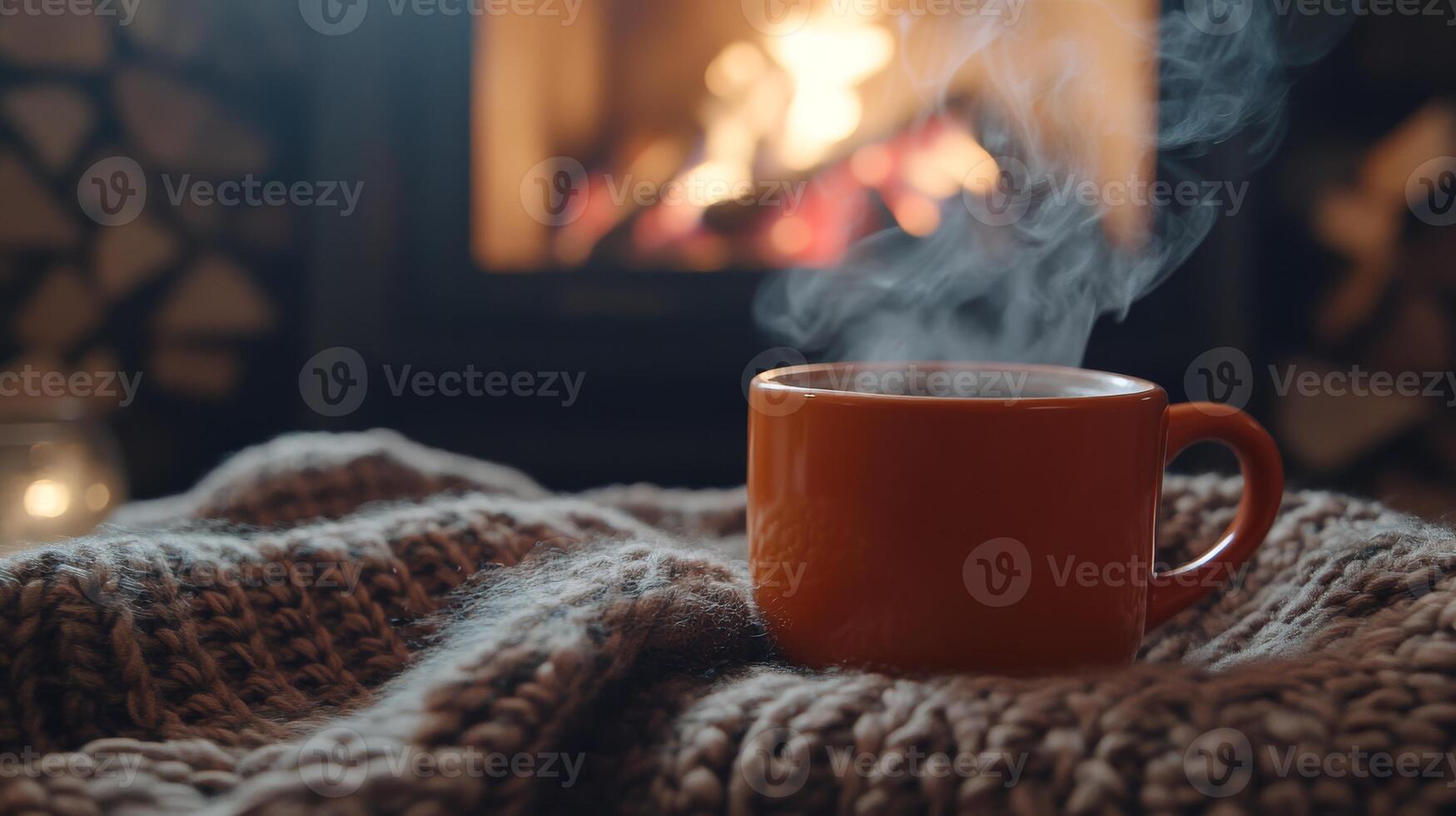 A warm mug of hot cocoa in your hands, on a cozy blanket, beside a crackling fireplace, creates the perfect winter atmosphere for holidays and festive celebrations with loved ones photo
