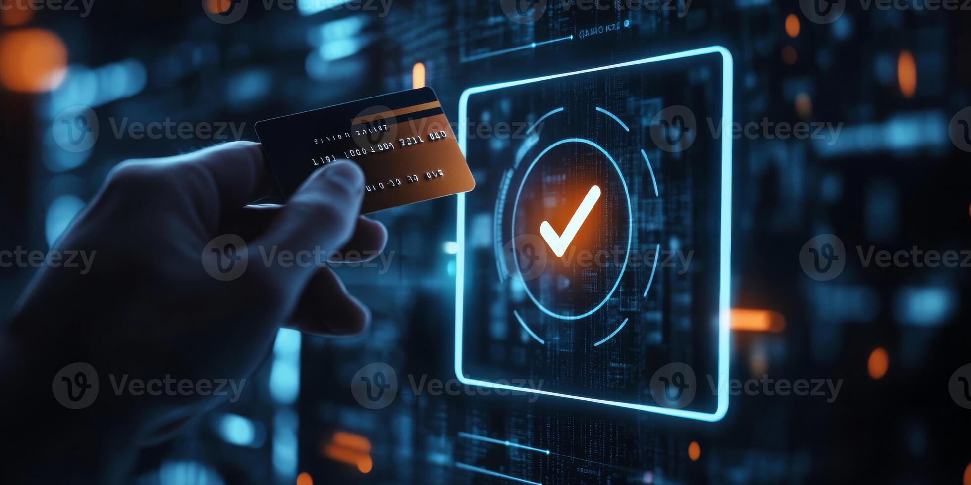 This illustration shows how to confirm a secure online credit card payment via a userfriendly interface with a verification tick symbol, emphasizing transaction security in fintech photo