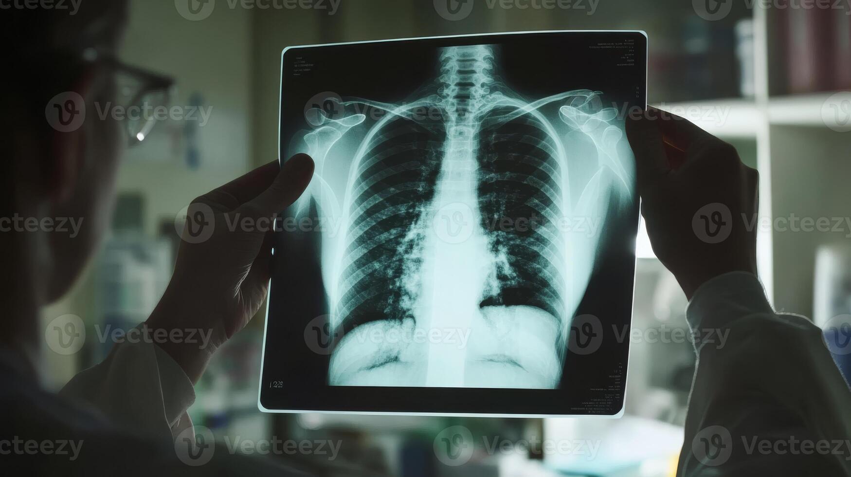 A skilled radiology professional is reviewing a chest Xray to assess lung health, ensuring accurate evaluation and optimal patient care, where precise diagnosis is crucial for successful outcomes photo