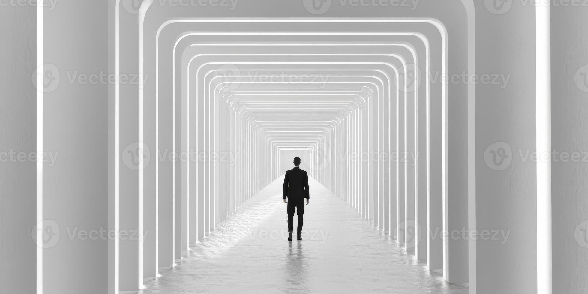 A solitary person stands at the very end of a sleek, modern corridor, which is illuminated with soft, white lights, creating an intriguing sense of depth, atmosphere, and an air of mystery all around photo