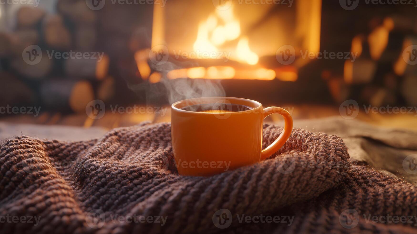 A warm and inviting mug of rich cocoa sits comfortably on a beautifully textured blanket by a crackling fireplace, which creates a cozy and inviting atmosphere that is perfect for relaxing in winter photo