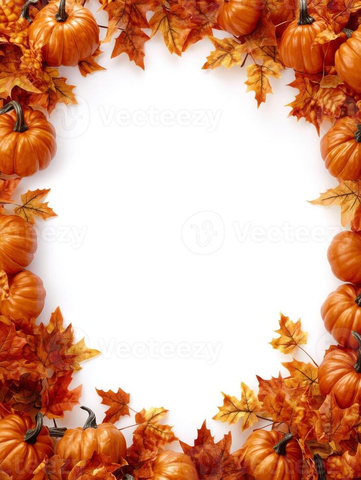 An autumnthemed frame showcases colorful gourds, charming pumpkins, vibrant leaves, and pine cones, perfect for seasonal decorations and festive fall celebrations that capture the harvest spirit photo