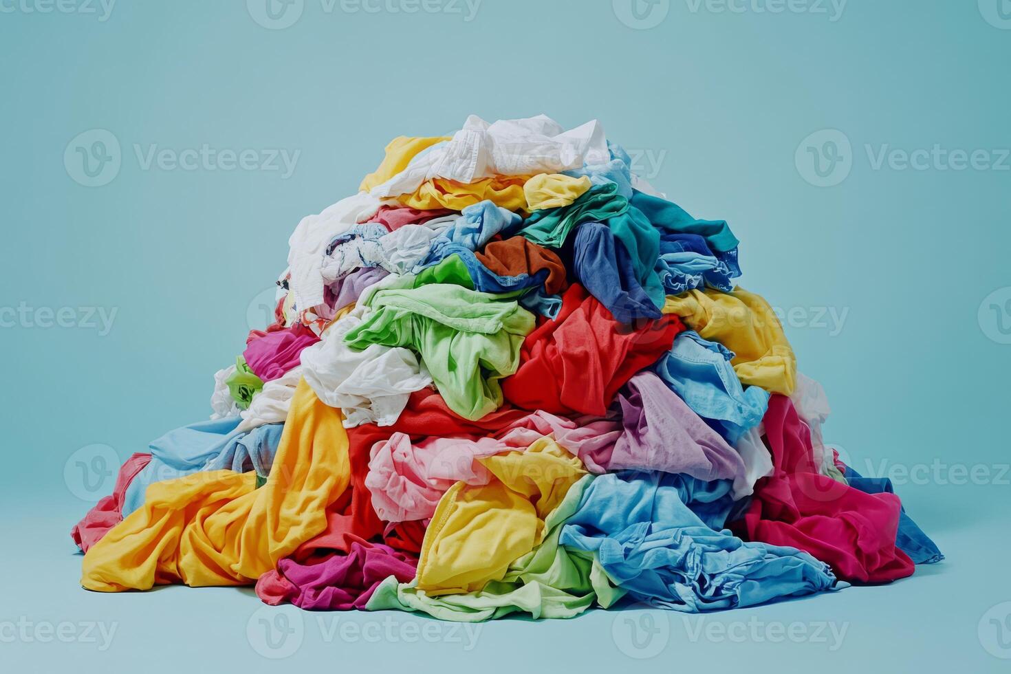 A vibrant heap of multicolored laundry sits on a soothing blue backdrop, showcasing the abundance of clothing items and the delightful chaos of daily cleaning chores we tackle at home photo