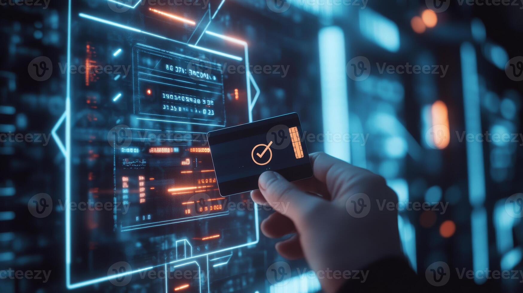 A person securely confirming their online payment transaction using a credit card, demonstrating advanced digital verification through a hightech, userfriendly, and aesthetically pleasing interface photo