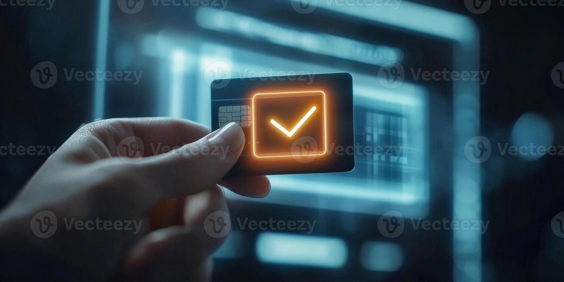 An individual successfully confirms a secure online payment transaction utilizing a credit card via a userfriendly digital interface, which notably includes a verification tick symbol for assurance photo