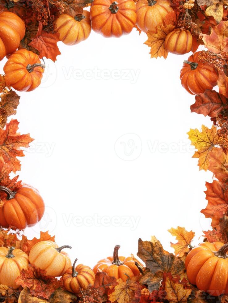 This is a beautifully crafted fallthemed frame that showcases an arrangement of vibrant pumpkins, a variety of colorful leaves, and an array of natural elements, making it perfect for seasonal decor photo