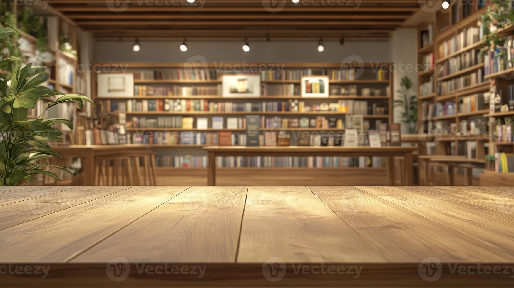 Visit this charming bookshop with a rustic wooden table next to a wellorganized bookshelf. This cozy setting is perfect for reading and enjoying the captivating world of literature photo