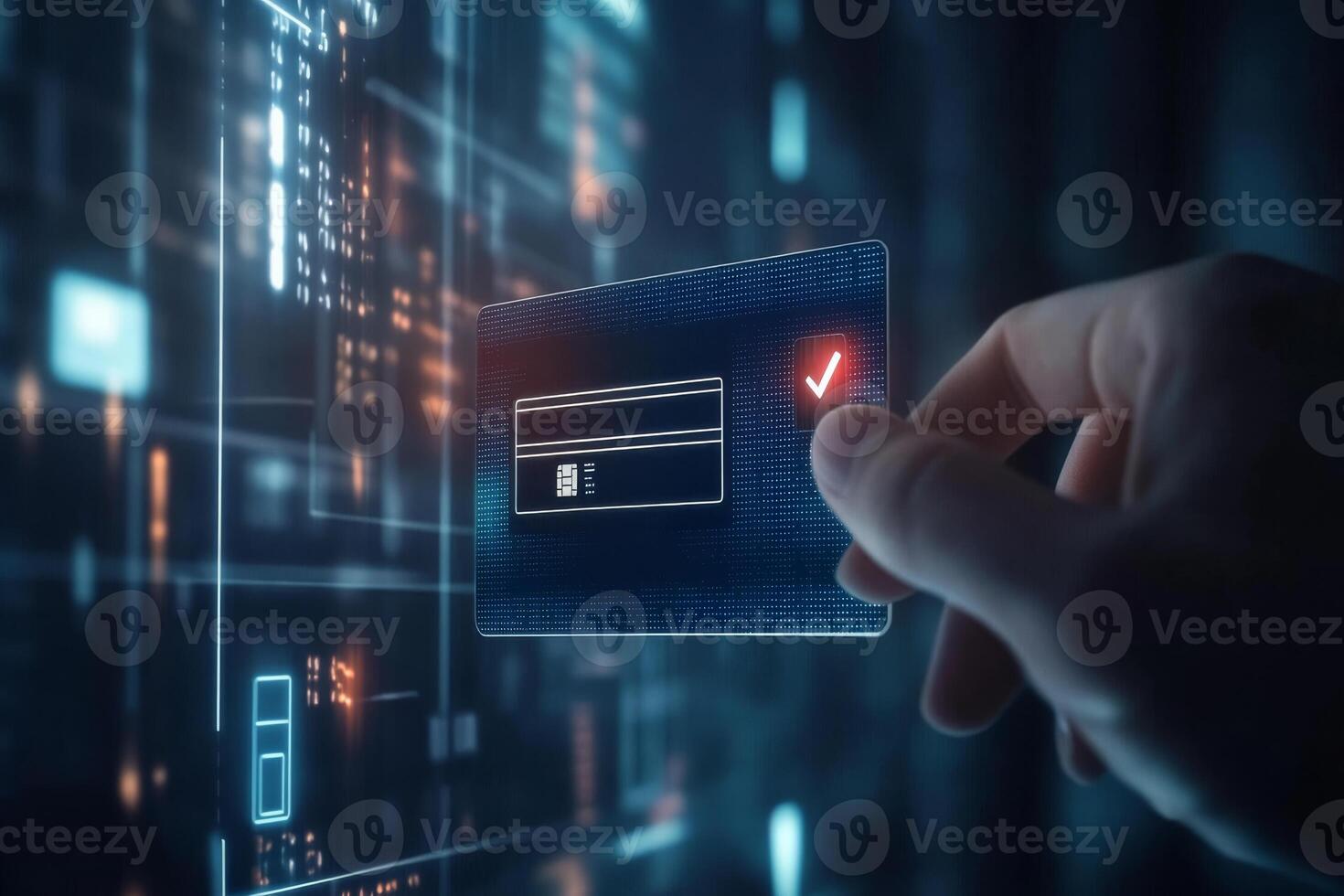 A person confirms an online payment using their credit card via a userfriendly interface that displays a verification tick symbol, indicating the transactions successful approval photo