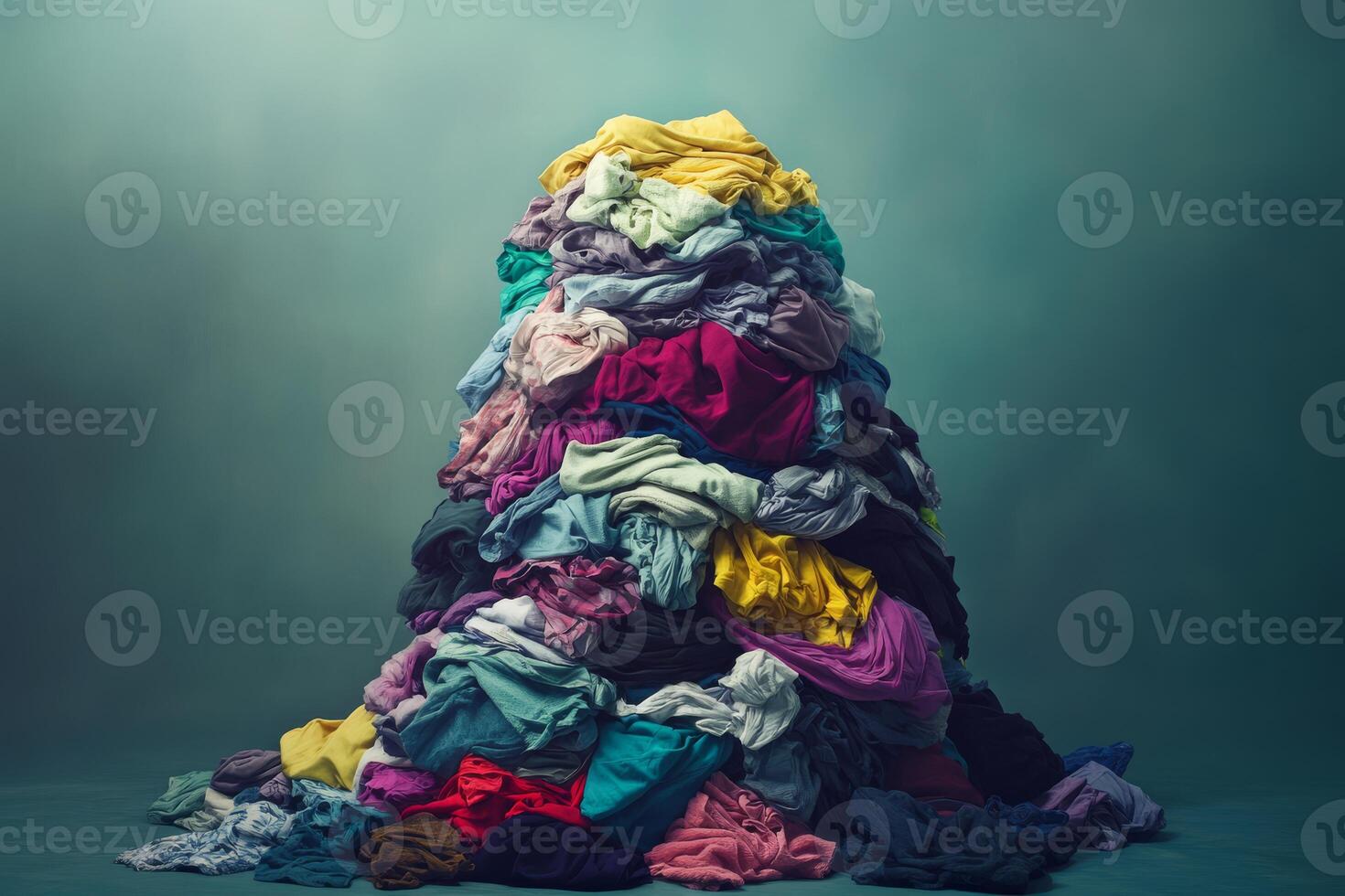 A vibrant and colorful heap of crumpled and folded clothes beautifully showcases a chaotic yet artistic presentation of domestic life, reflecting the essence of everyday household routines photo