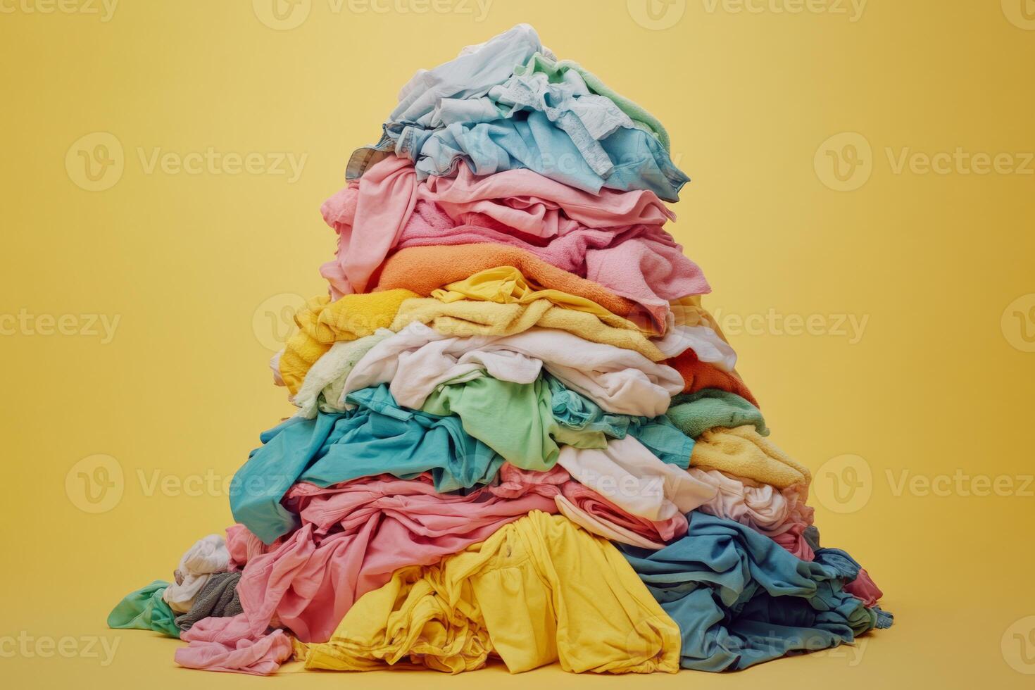 This still life artwork features a colorful heap of crumpled laundry against a bright yellow background, highlighting the chaotic yet intricate nature of everyday household chores photo