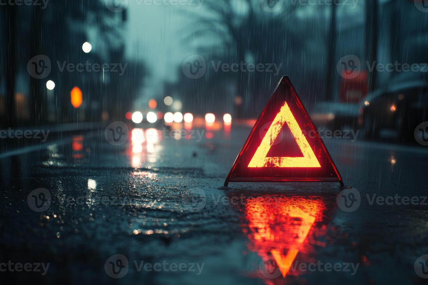 An emergency warning triangle reflects on a wet street at night, surrounded by blurred traffic lights, conveying urgency and caution in an urban environment amidst potential dangers photo