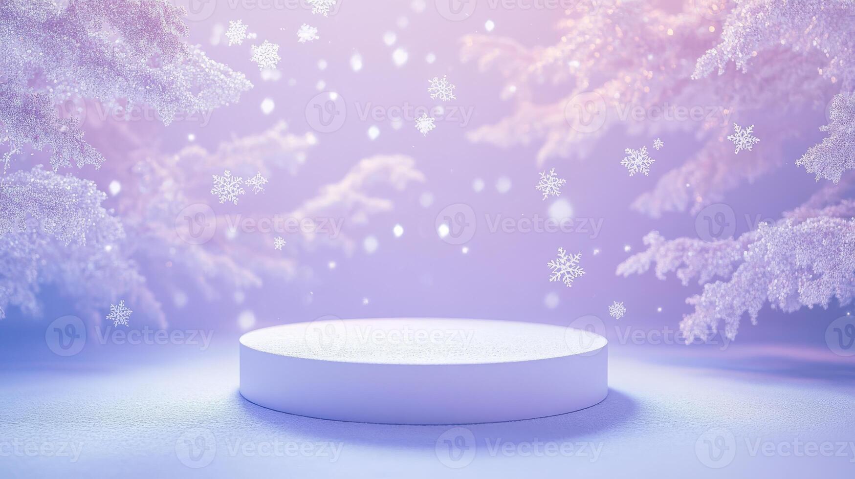 A dreamy and enchanting circular display platform is set against a beautiful snowy background where delicate snowflakes are gently falling, thus creating a truly magical winter atmosphere photo