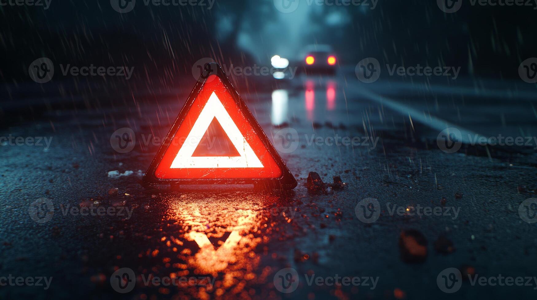 A vivid scene shows a bright red triangular warning sign on a slick wet road, illuminated by passing vehicles headlights on a stormy night, highlighting the urgency of driving safety photo