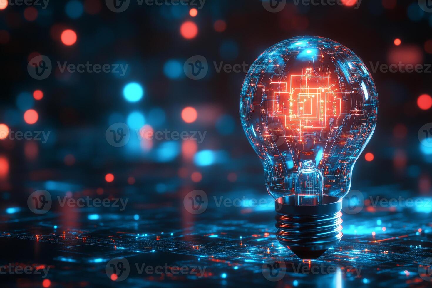 This is a visually stunning light bulb, showcasing intricate microcircuit designs that glow beautifully in a dark environment, symbolizing the essence of innovation and advanced technology photo
