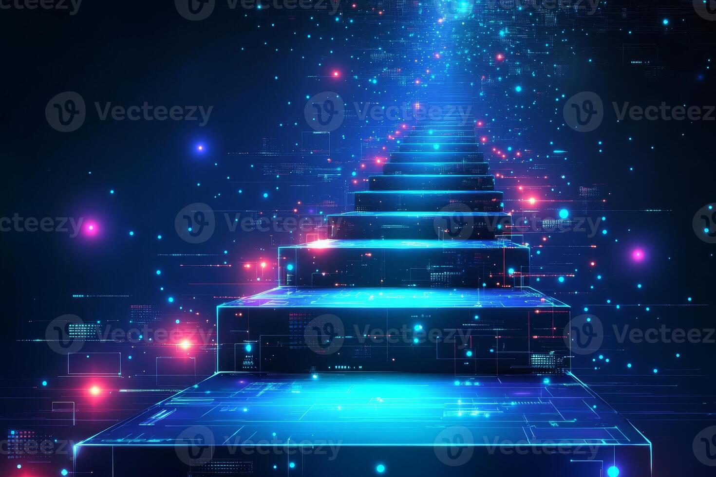An illuminated staircase set in a captivating cosmic atmosphere, featuring vibrant neon colors and intriguing scifi elements, evoking ethereal depth and surrealism for the viewer photo