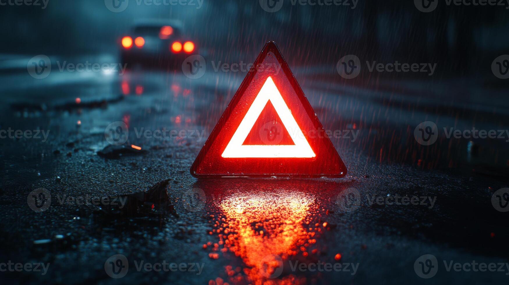A roadside emergency triangle shines brightly in the rain at night, emphasizing the significant dangers associated with wet road conditions and the paramount need for heightened caution while driving photo