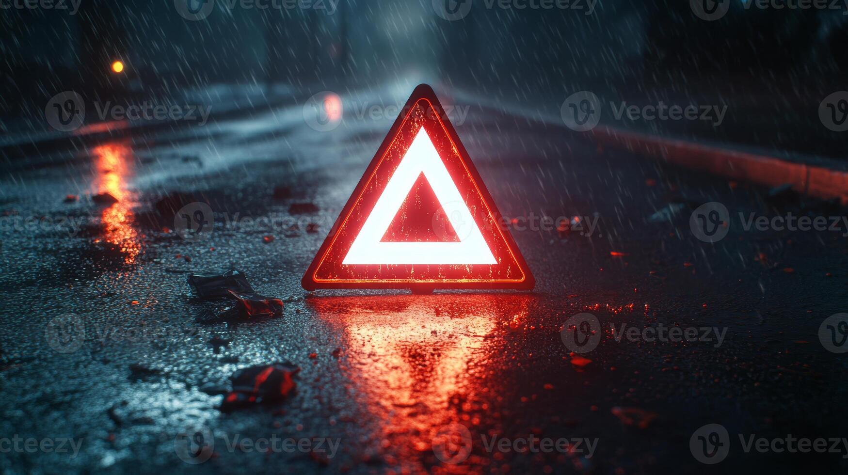 A triangular emergency warning sign stands out on a rainsoaked asphalt road at night, illuminated by reflections, conveying a strong sense of danger and caution in this dramatic scene photo
