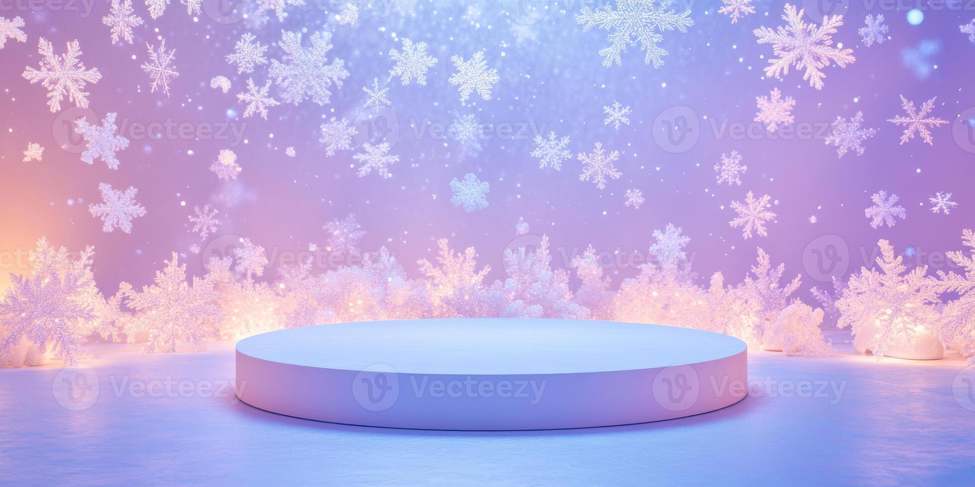 In this tranquil winter scene, a circular white platform glows with soft blue and purple lights, surrounded by falling snowflakes and shimmering bokeh, creating a magical atmosphere photo