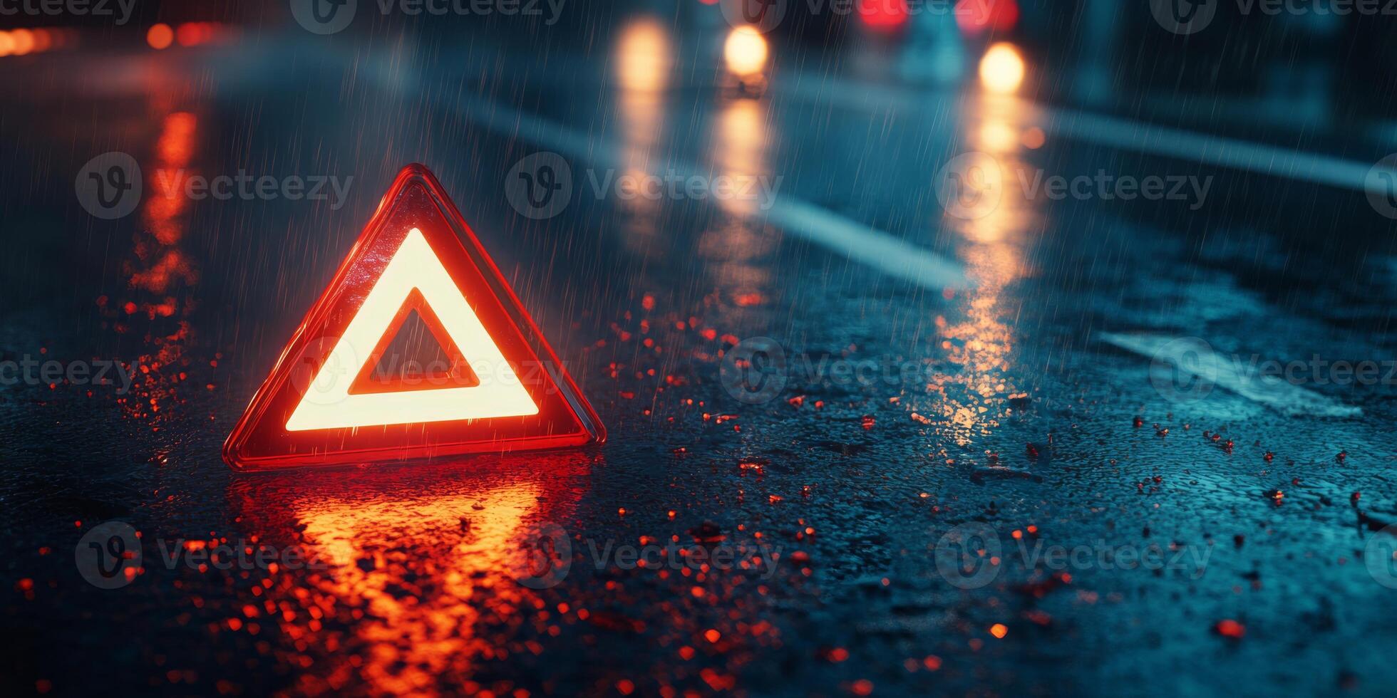 A highly reflective emergency warning triangle positioned on a wet road during nighttime, effectively showcasing the importance of safety amidst torrential rain and constant traffic around photo