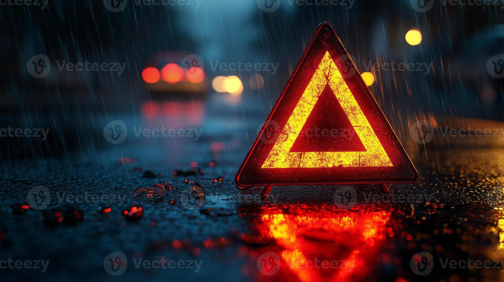 A bright and vivid red warning triangle prominently stands out against the backdrop of heavy night rain, emphasizing the crucial importance of ensuring safety on wet and slippery road surfaces photo