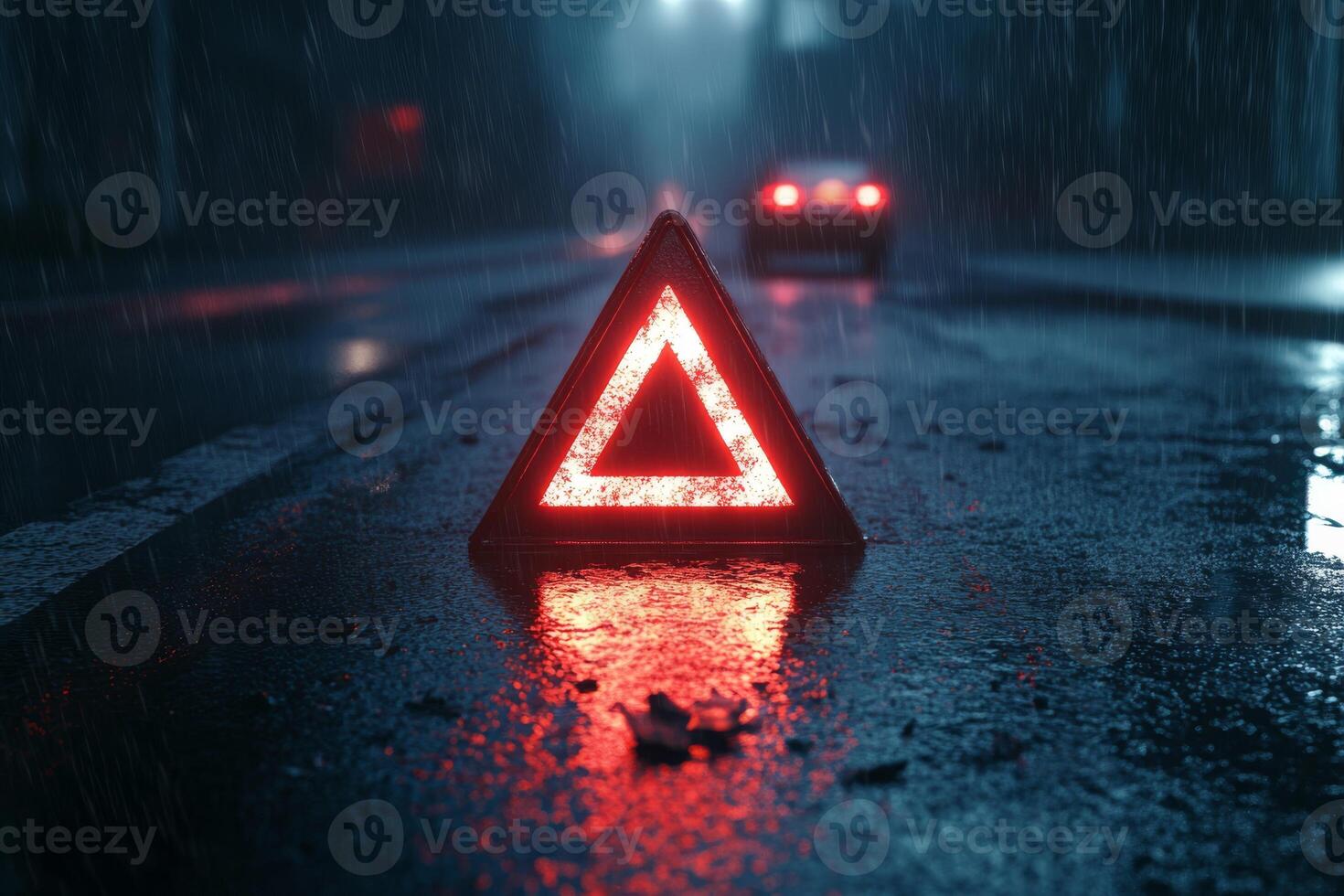A bright red warning triangle shines vividly on a rainsoaked road during the dark of night, effectively highlighting a critical traffic emergency scene with a car visible in the background photo