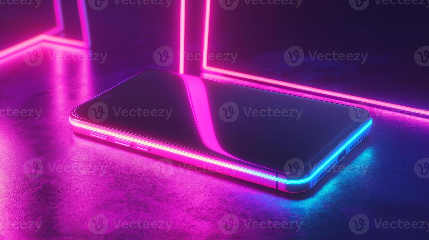 A sleek modern smartphone elegantly rests on a highly reflective surface, beautifully illuminated by vibrant neon blue and pink lights, creating an intriguing and captivating futuristic ambiance photo
