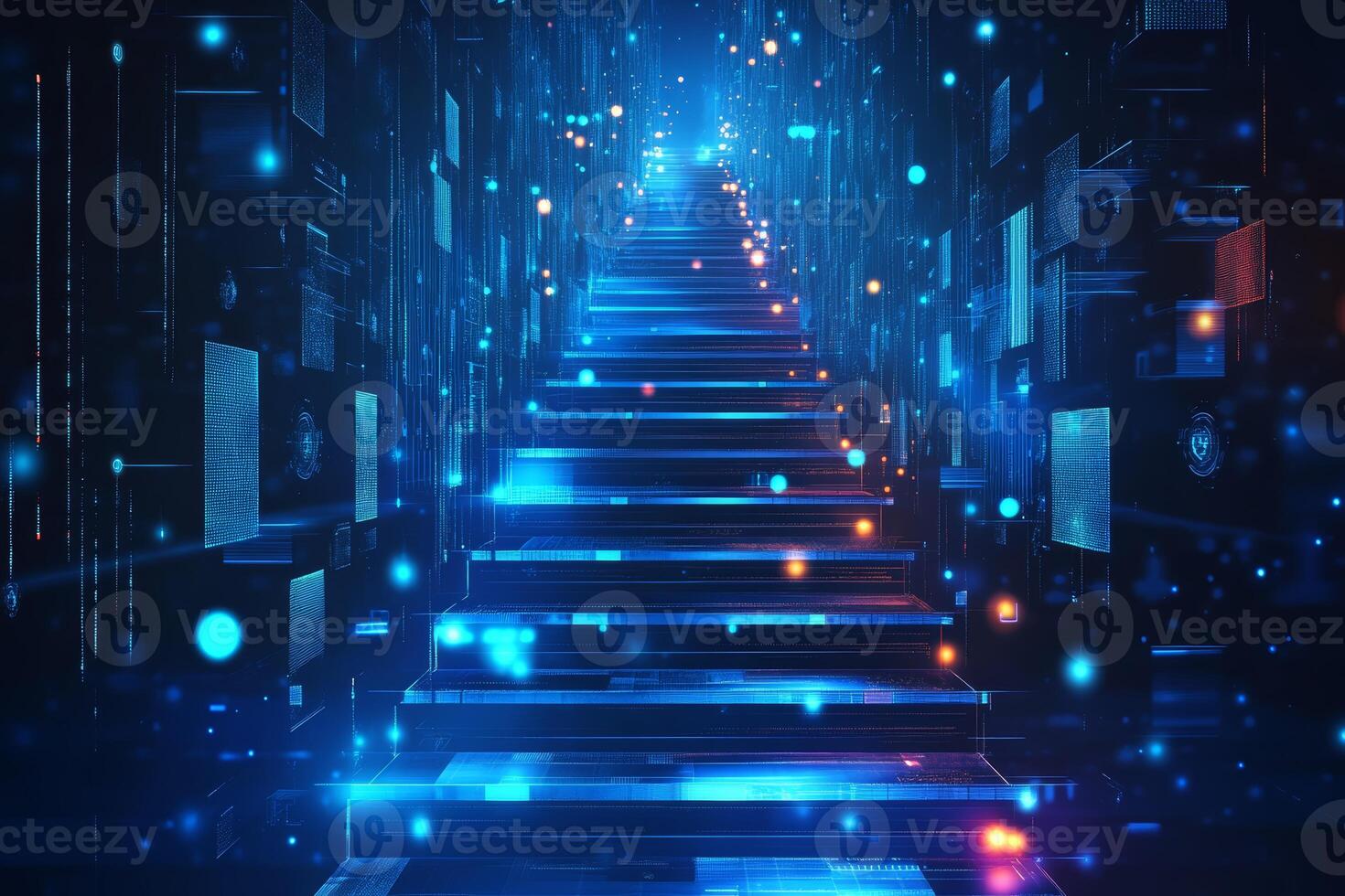 Imagine a vibrant, beautifully illuminated staircase that is gracefully set within a surreal digital environment, showcasing cuttingedge modern technology and captivating abstract design elements photo