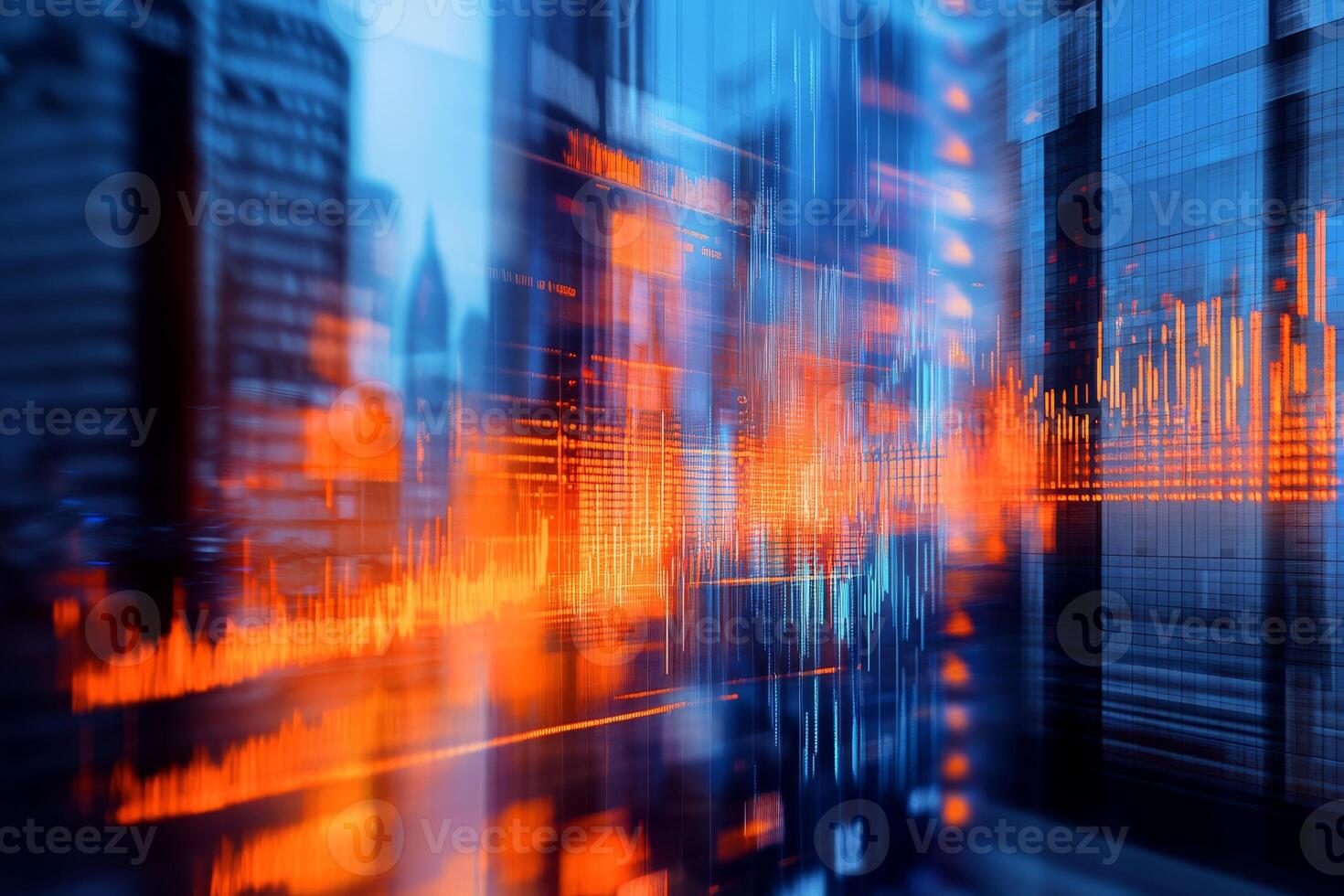 A dynamic blend of urban structures and digital data visualizations showcasing the energy of finance. photo