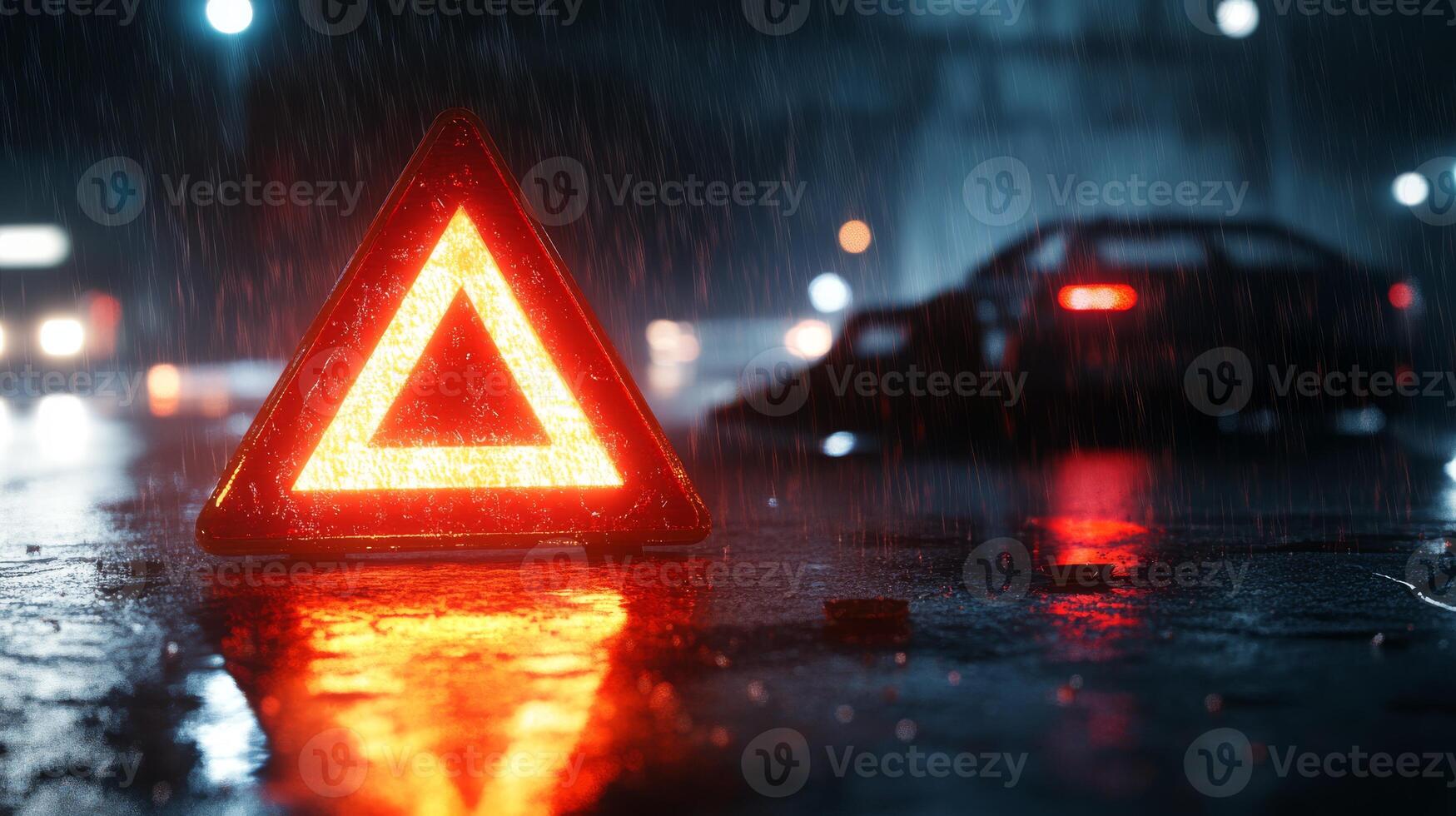 This visually compelling image shows a bright red warning triangle on rainsoaked streets at night, emphasizing the urgent need for improved road safety in low visibility and challenging weather photo