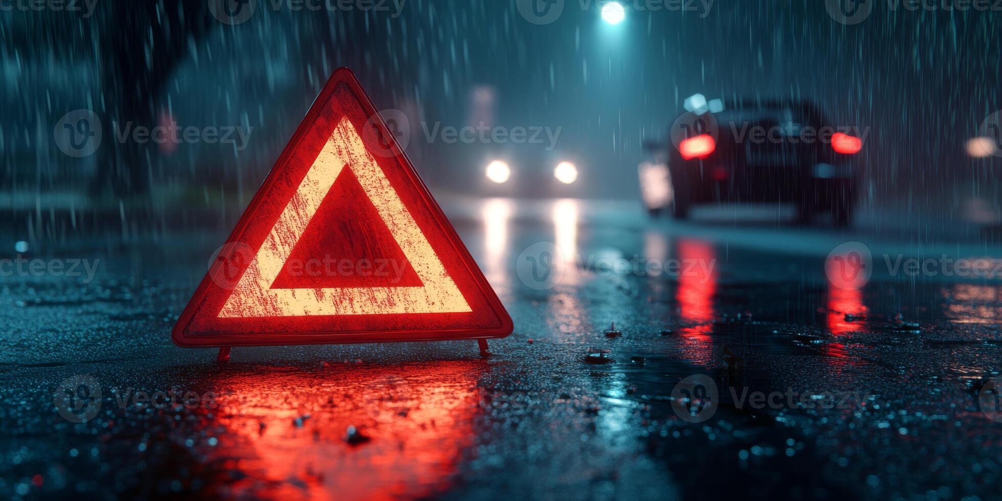 A reflective emergency warning triangle glows under heavy rain at night, signaling caution for approaching vehicles in a wet urban environment photo