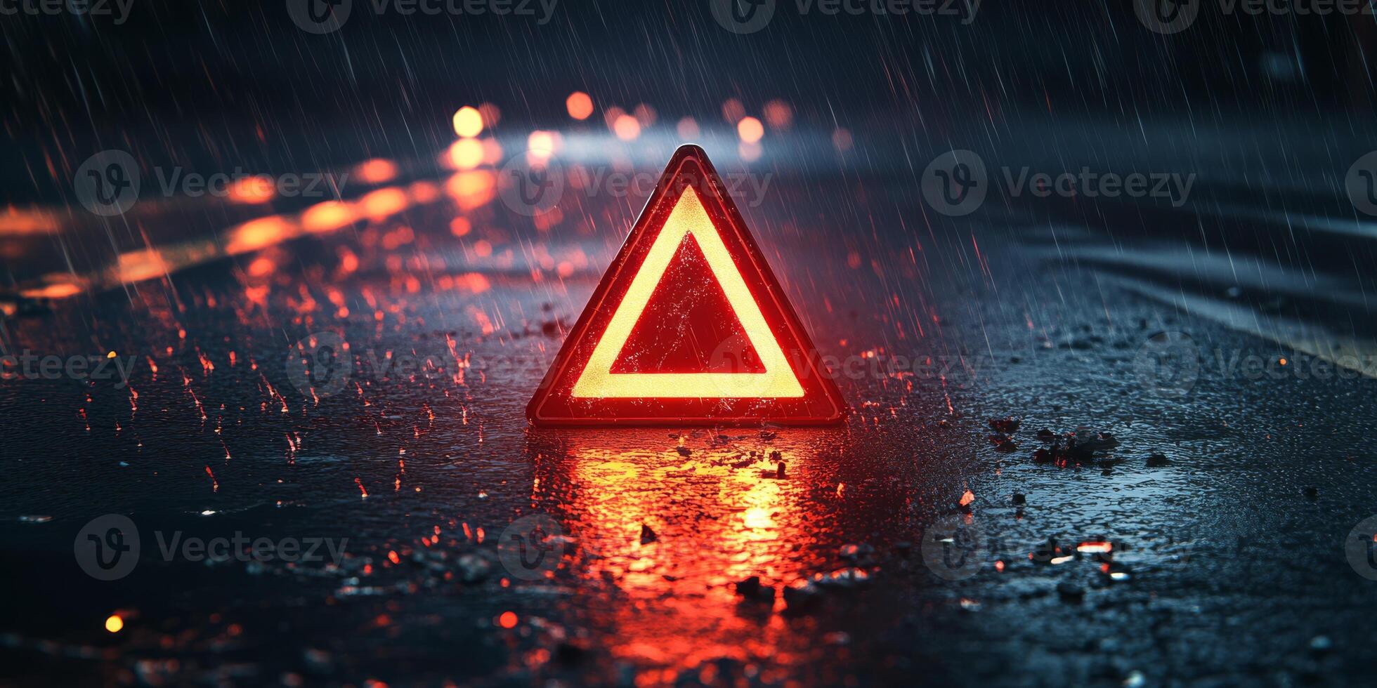 This captivating nighttime scene showcases a brightly lit warning triangle on a slick road, highlighting the need for safety during adverse weather conditions, especially when driving photo