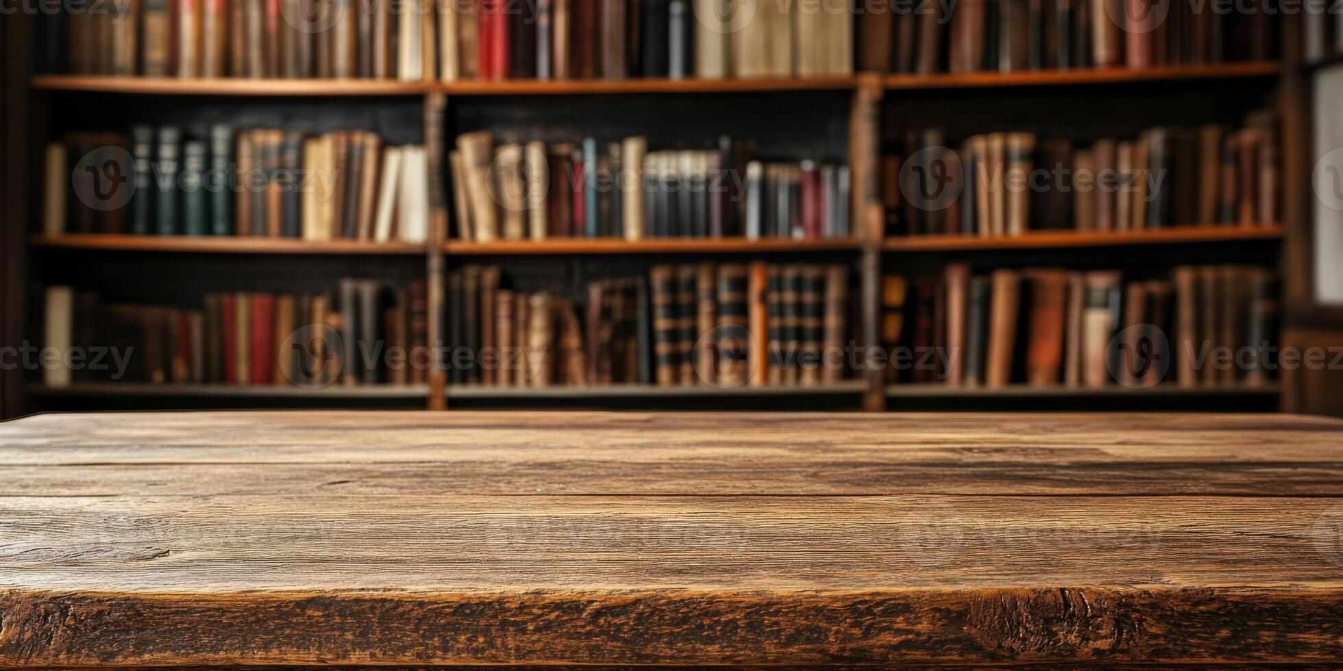 An old wooden table truly adds a unique character to the space, while a blurred bookshelf overflowing with various books goes a long way in creating a warm and inviting atmosphere perfect for reading photo