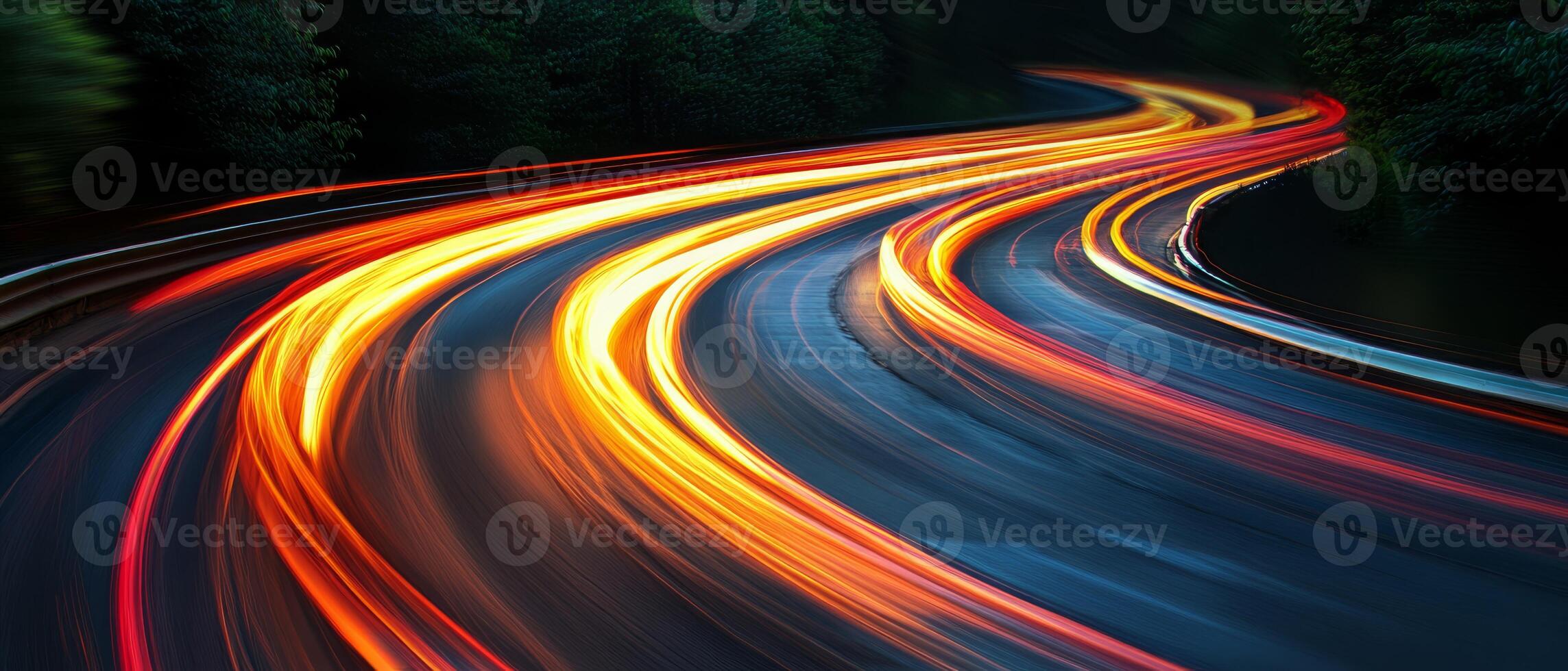 This artwork presents an abstract depiction of flowing light trails along a curving road, symbolizing themes of speed, journey, and modernity, all showcased in a minimalistic yet elegant manner photo
