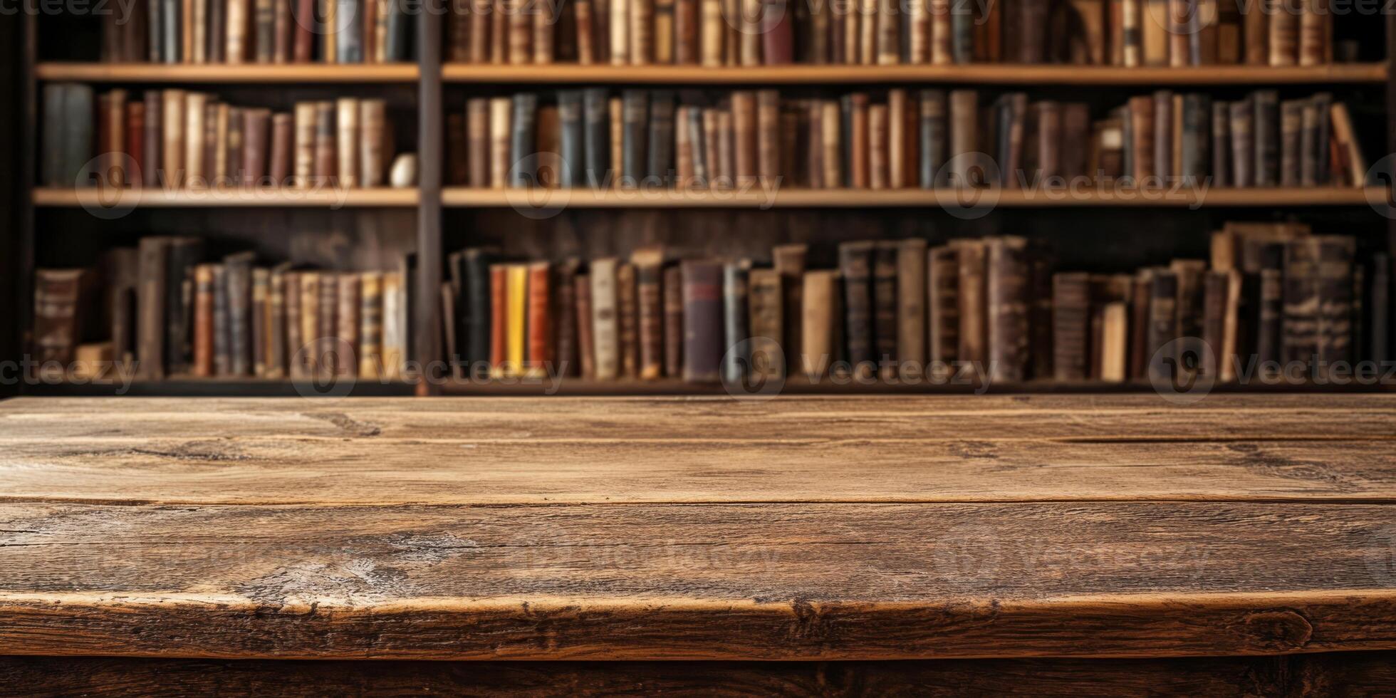 In a charming rustic setting, a wooden table stands in front of a blurred bookshelf filled with vintage books, creating a cozy atmosphere perfect for reading or a quaint bookshop ambiance photo