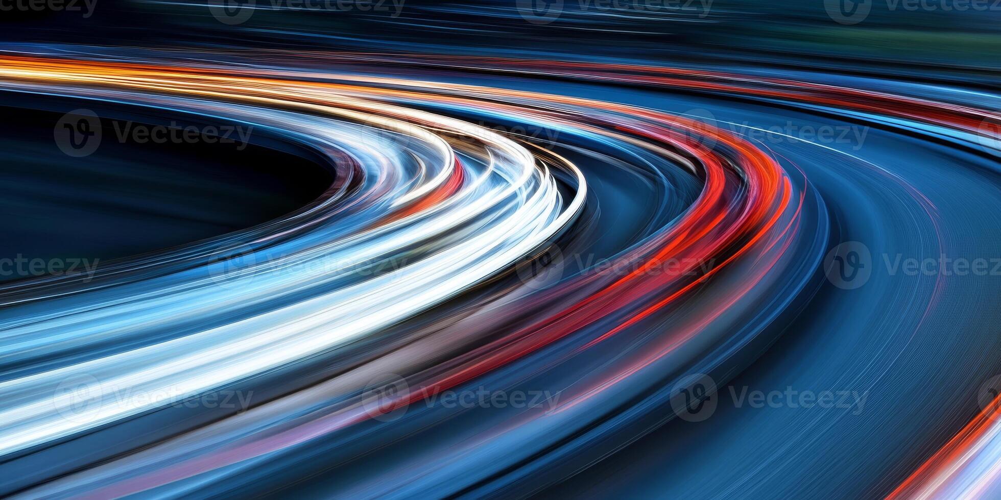 This piece is an abstract representation of speed and motion, showcasing fluid, dynamic curved lines and flowing lights that together evoke a sense of a futuristic journey through time and space photo