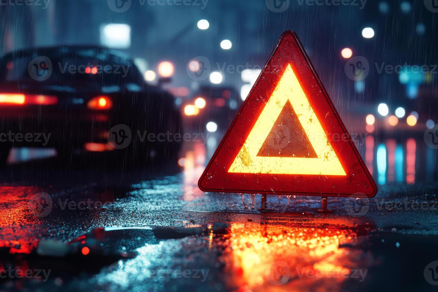 A wet night scene vividly showcases a reflective emergency triangle, effectively symbolizing the importance of caution and road safety amidst the challenging conditions of rain and busy traffic photo