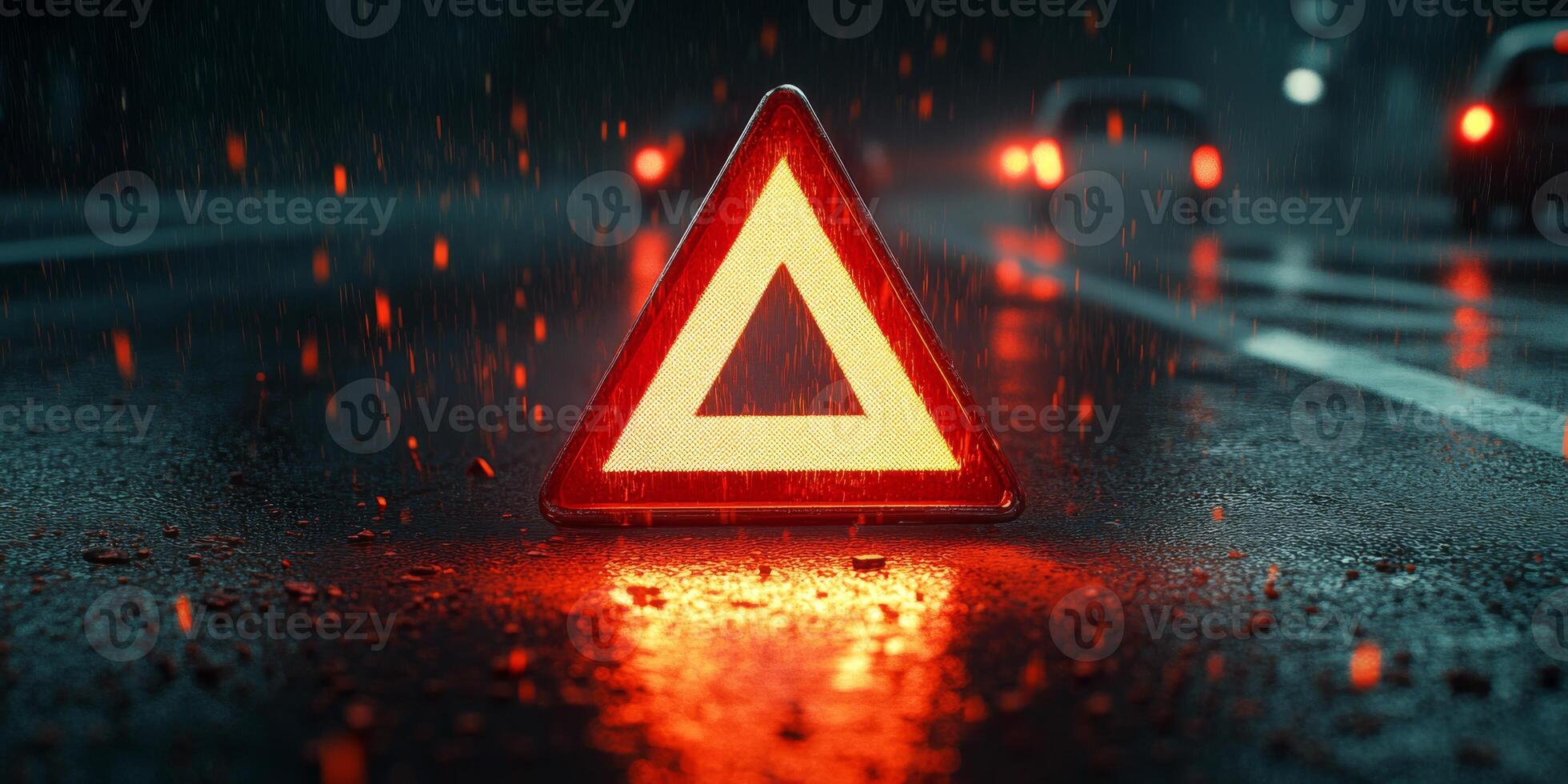 A reflective warning triangle is positioned on a wet road at night, illuminated by vehicle lights, highlighting the need for safety and caution in challenging conditions like rain and storms photo