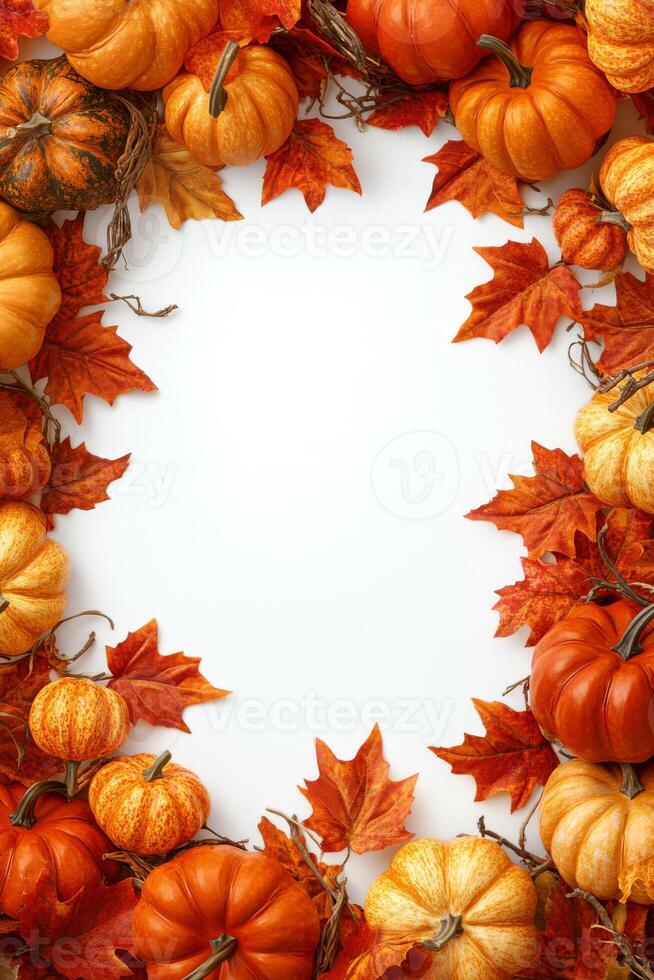 This autumn frame, adorned with pumpkins, leaves, and pine cones, is perfect for cozy fall celebrations, bringing warmth and joy for creating lasting memories together this delightful season photo