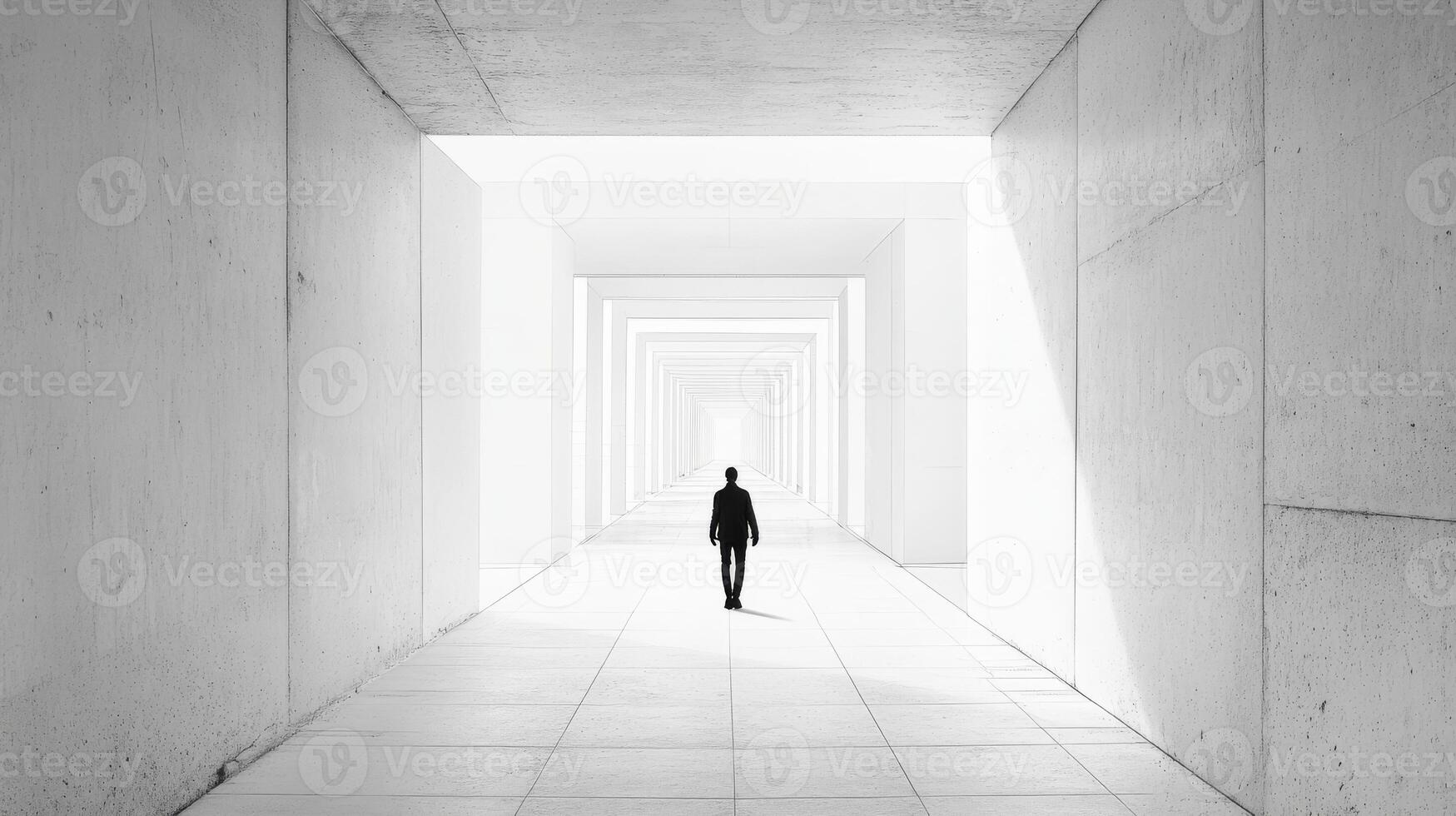 In a minimalist space, a solitary figure stands alone in a brightly lit corridor, embodying a profound sense of anticipation, as if awaiting the unfolding of a significant event or change photo