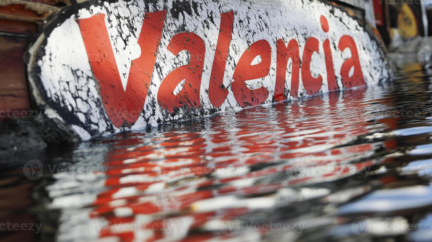 A closeup of Valencias name, partly submerged, highlights the severe environmental impact of the recent DANA flooding while showcasing the citys resilience and community strength in crises photo