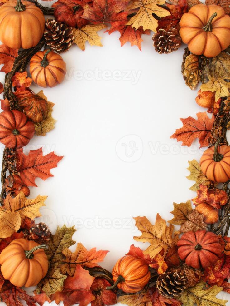 A vibrant and colorful autumn frame that beautifully showcases pumpkins, various leaves, and rustic pine cones, making it the perfect choice for seasonal decorations and Thanksgiving celebrations photo