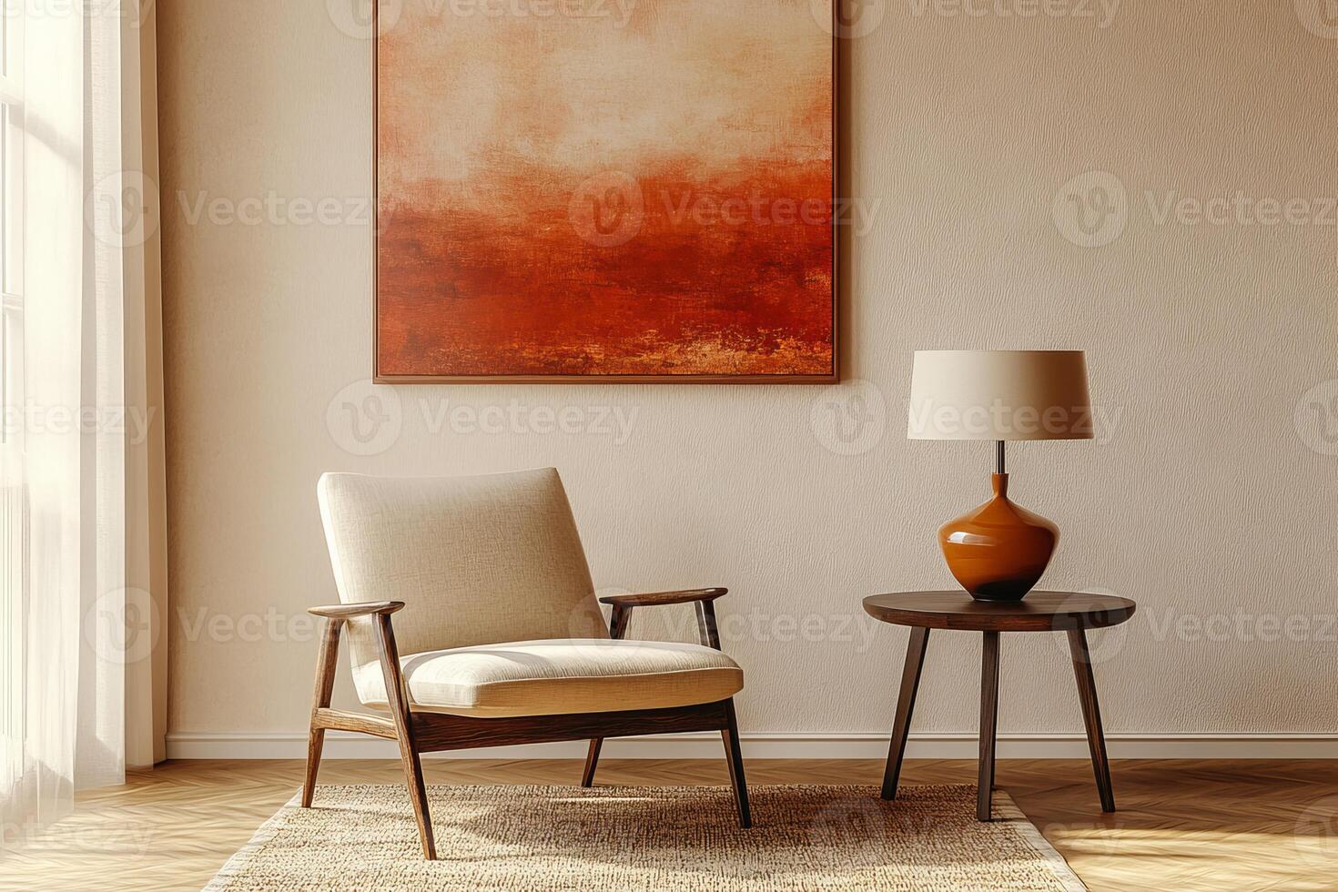 This modern living room features a sleek Japandi design, with a stylish accent chair and warm tones that create a cozy atmosphere, blending functionality and aesthetics for a harmonious feel photo