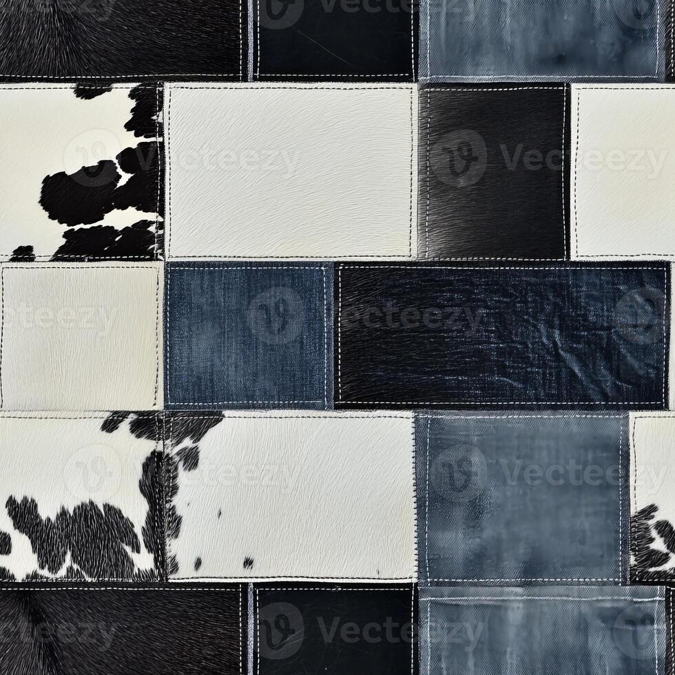 Combining a unique blend of highquality denim and authentic cowhide, this trendy patchwork design is perfect for modern apparel and creatively designed textiles in the fashion industry photo