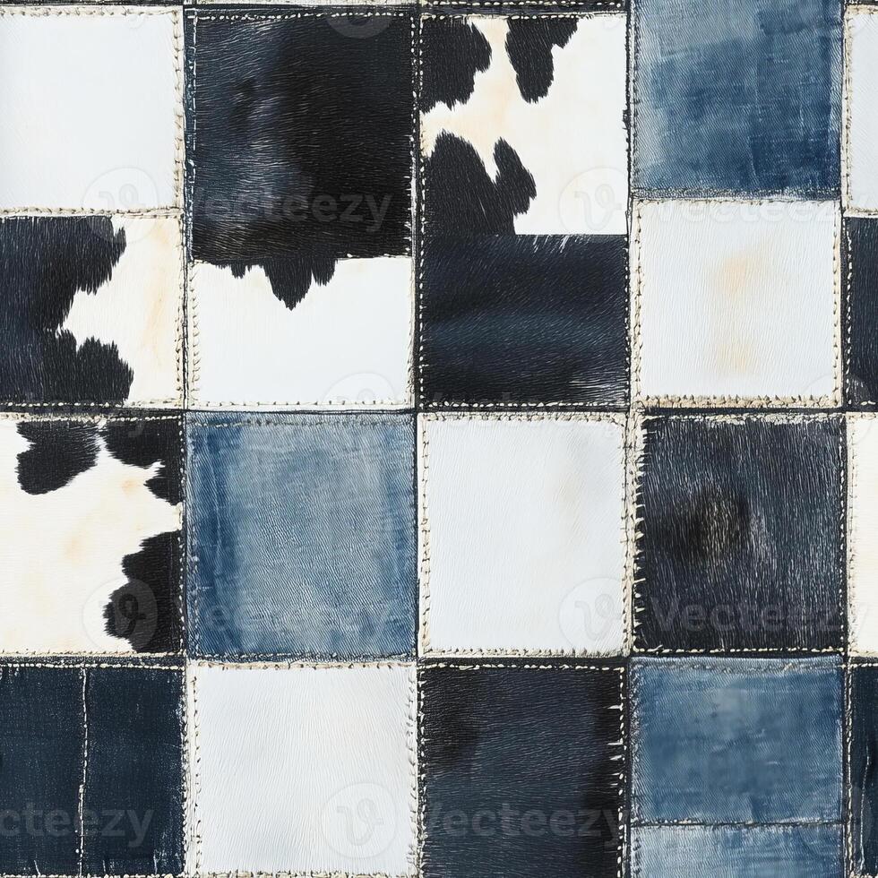 This product boasts a unique blend of cowhide and denim in striking blue, black, and white shades, showcasing stylish patchwork patterns for modern apparel and fashion enthusiasts photo