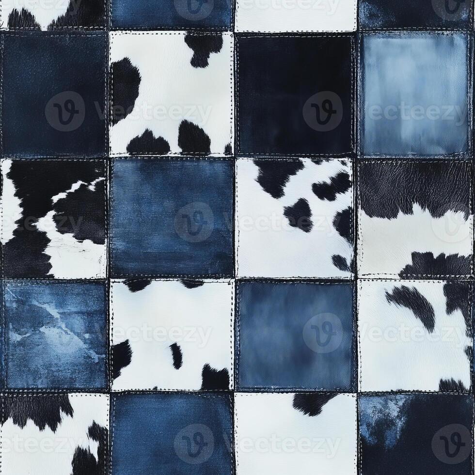 This is a highly creative and artistic blend of denim and cowhide textures, interwoven in a unique patchwork design that is ideally suited for urban fashion and trendy stylish apparel photo