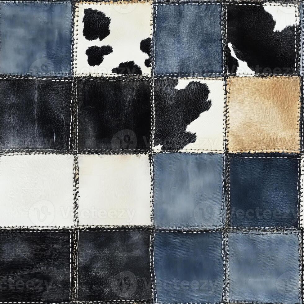 A unique patchwork fabric design featuring trendy cow print and denim textures, perfect for modern apparel and stylish home dcor photo